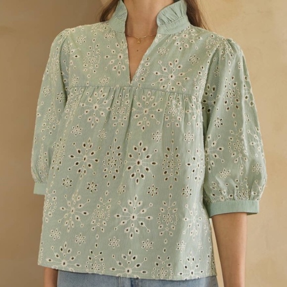 Oddi Tops - 45 Elegant Eyelet Blouse in Soft Green
